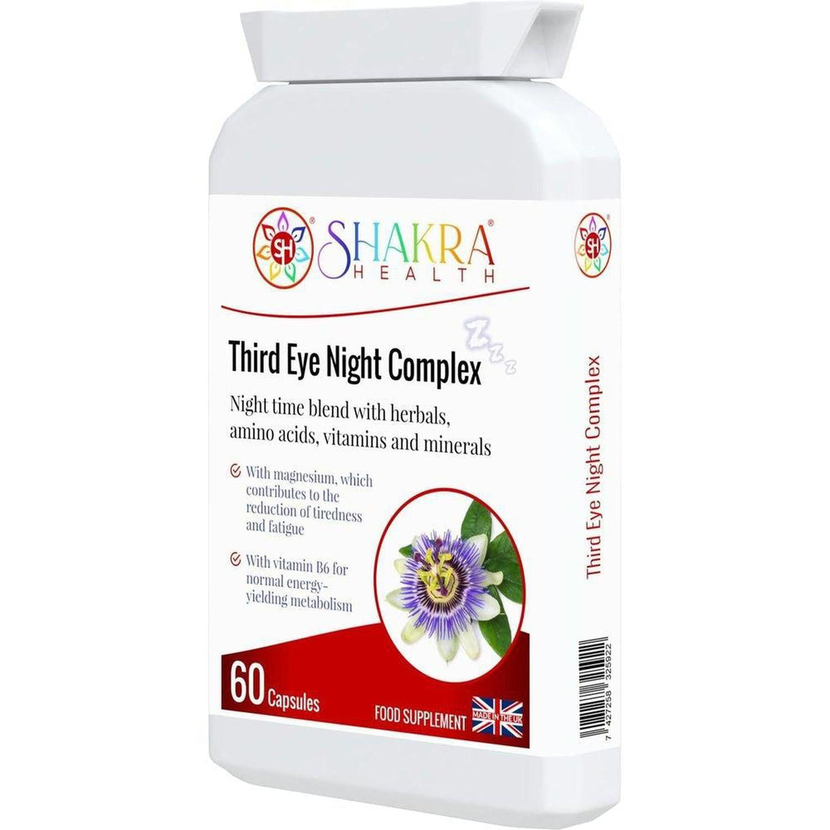 White bottle of Third Eye Night Complex 60 capsules with a passion flower image and Shakra Health branding.