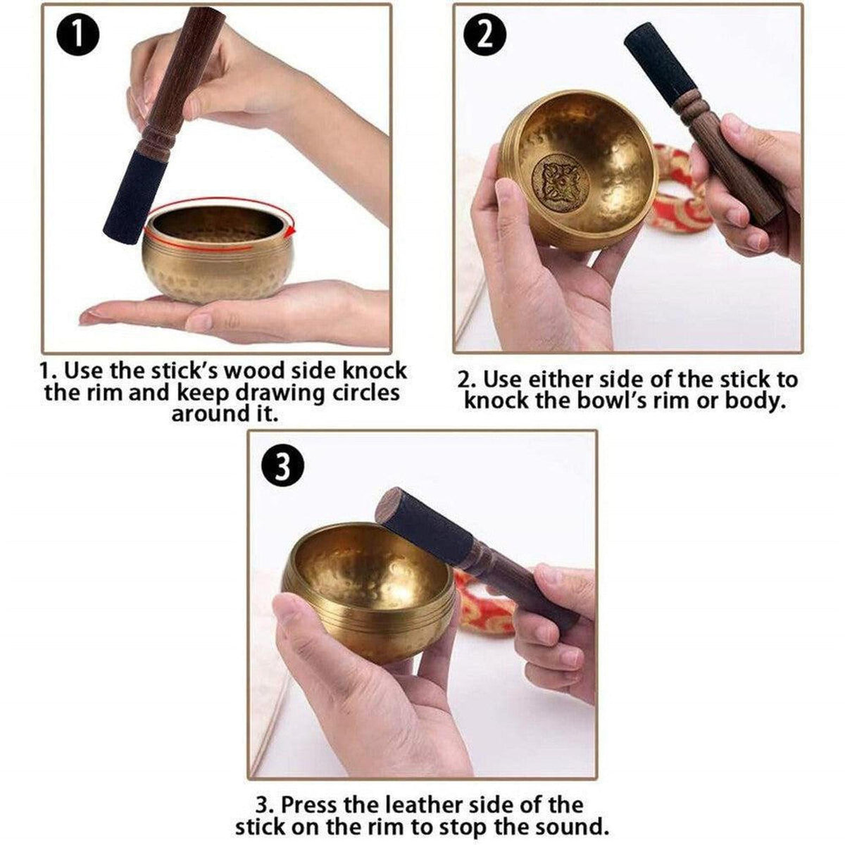 Handcrafted copper Tibetan singing bowl with a wooden mallet, showing three instructional steps for meditation sound healing.