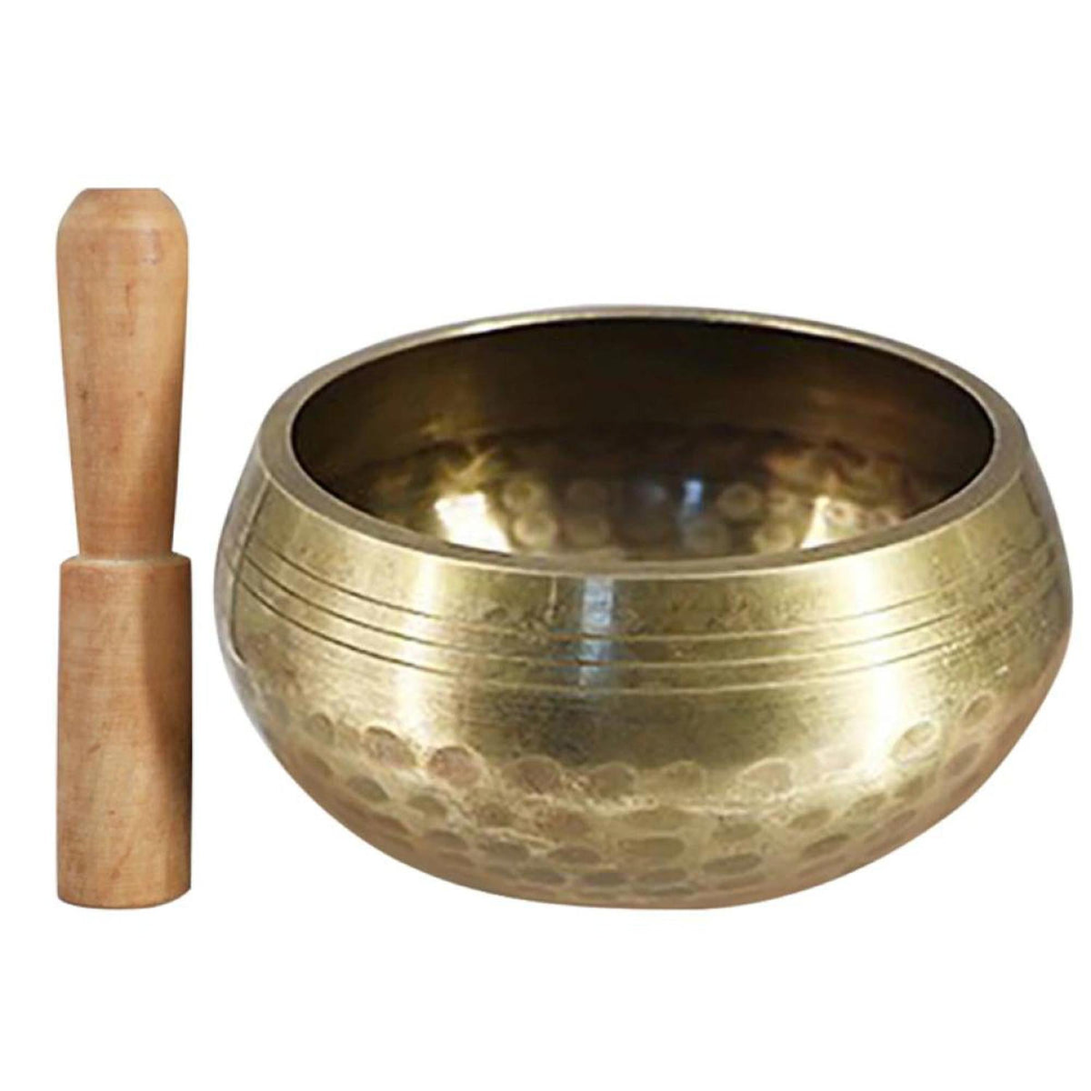 Handcrafted copper Tibetan singing bowl with a hammered texture and wooden striker for meditation and sound healing.