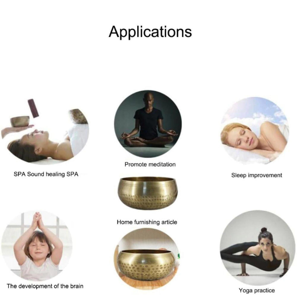 Handcrafted copper Tibetan singing bowl with a hammered texture, shown in various meditation, yoga, and wellness applications.