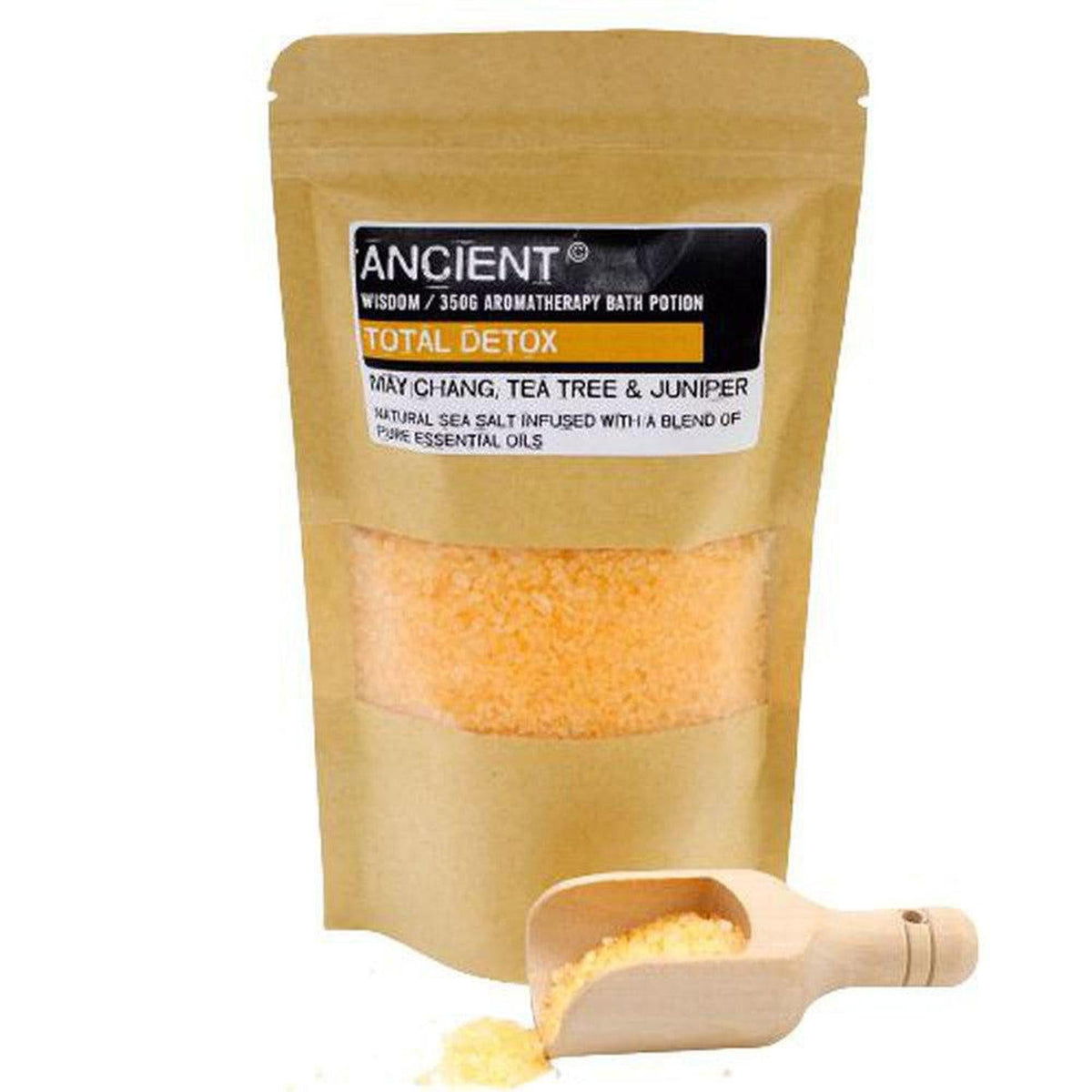 350g pouch of orange Total Detox aromatherapy sea salt with a wooden scoop on a white background.
