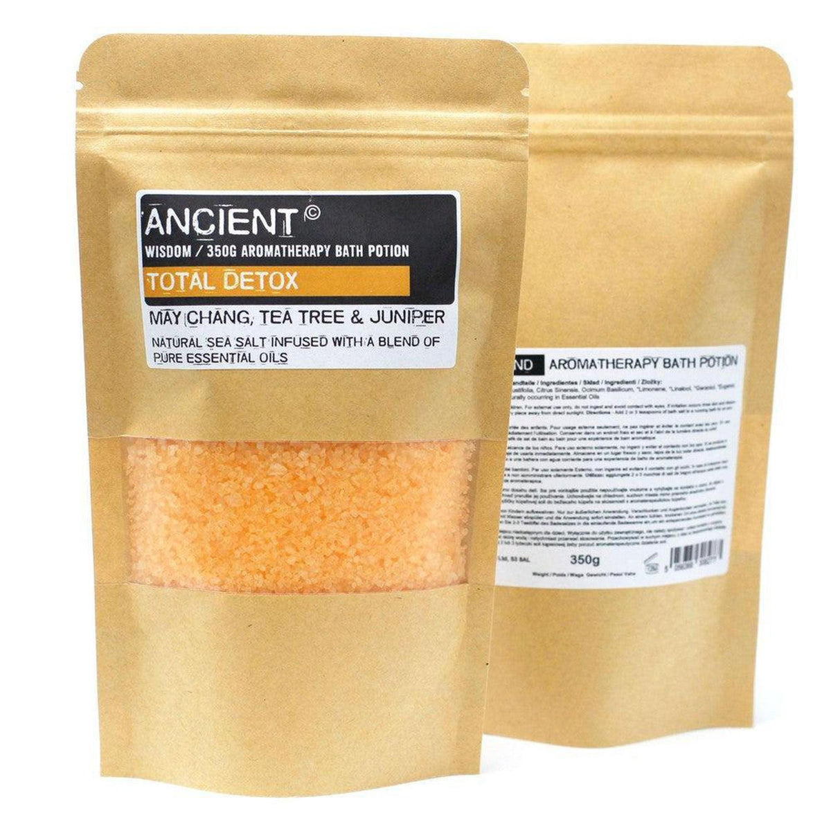 350g pouch of orange Total Detox aromatherapy bath salts with a black label and essential oil ingredients list.