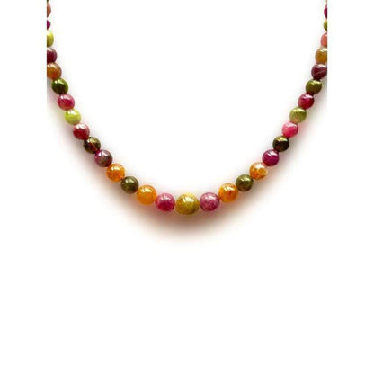 Multi-colour tourmaline gemstone bead necklace featuring earthy pink, green, and orange tones on a delicate string.