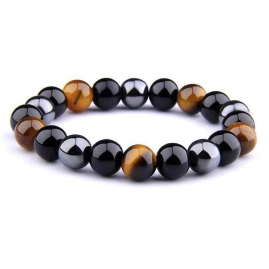 Triple protection bracelet featuring polished tiger eye, hematite, and black obsidian beads on a stretch cord.