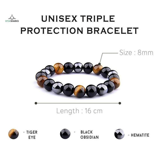 Unisex 16cm triple protection bracelet featuring 8mm tiger eye, black obsidian, and hematite beads.