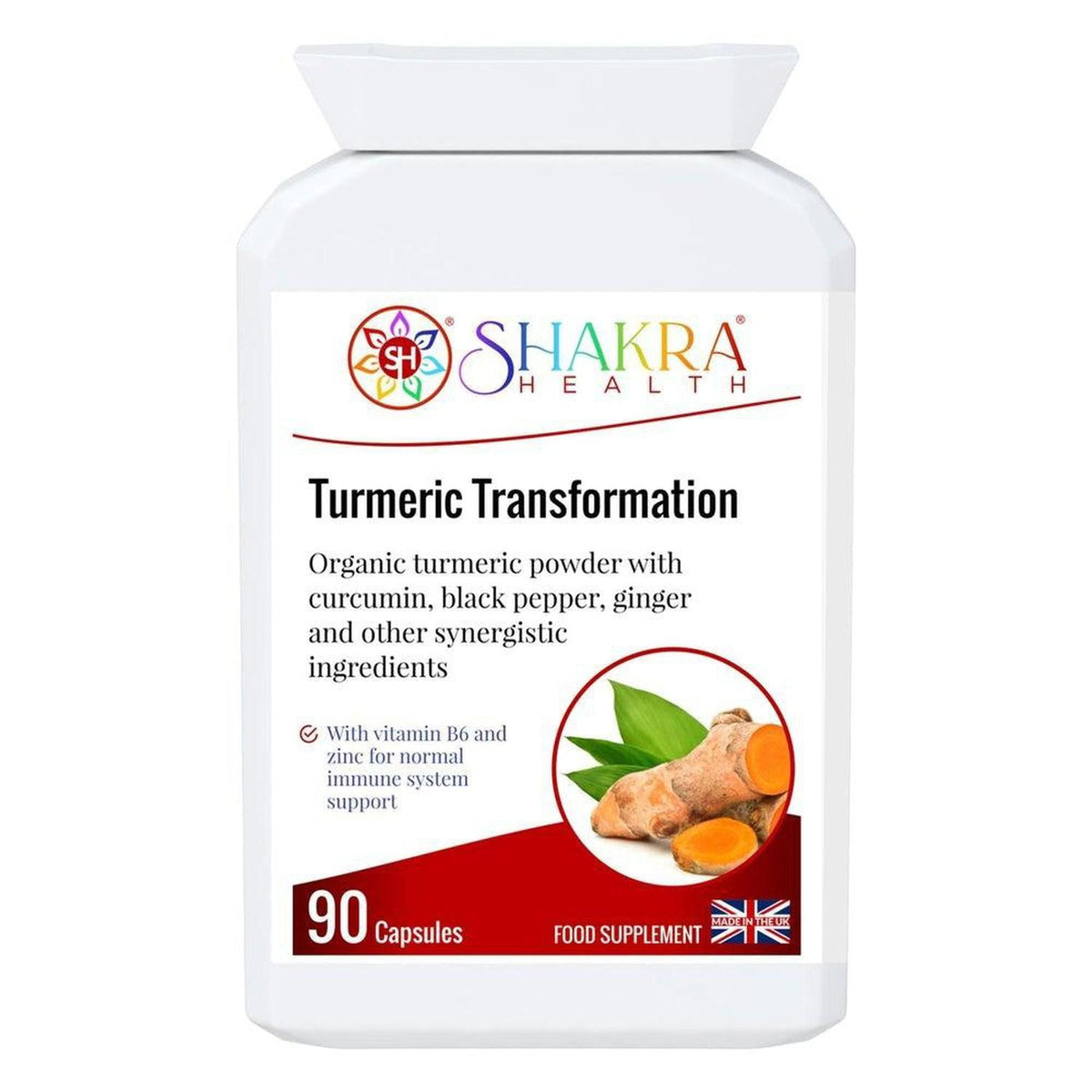 White bottle of Shakra Health Turmeric Transformation capsules with a label featuring turmeric root and green leaves.