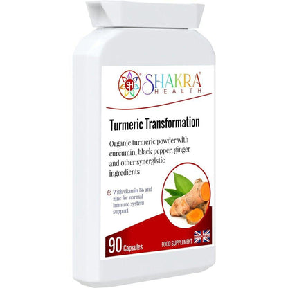 White bottle of Shakra Health Turmeric Transformation capsules with a label featuring fresh turmeric root and leaves.