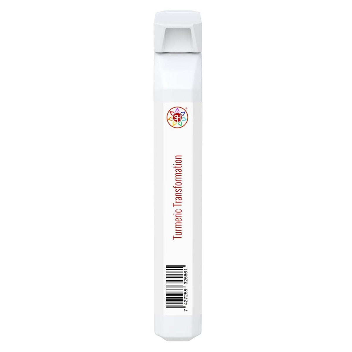 Slim white Turmeric Transformation supplement stick with a colorful logo, red text, and a barcode on a white background.
