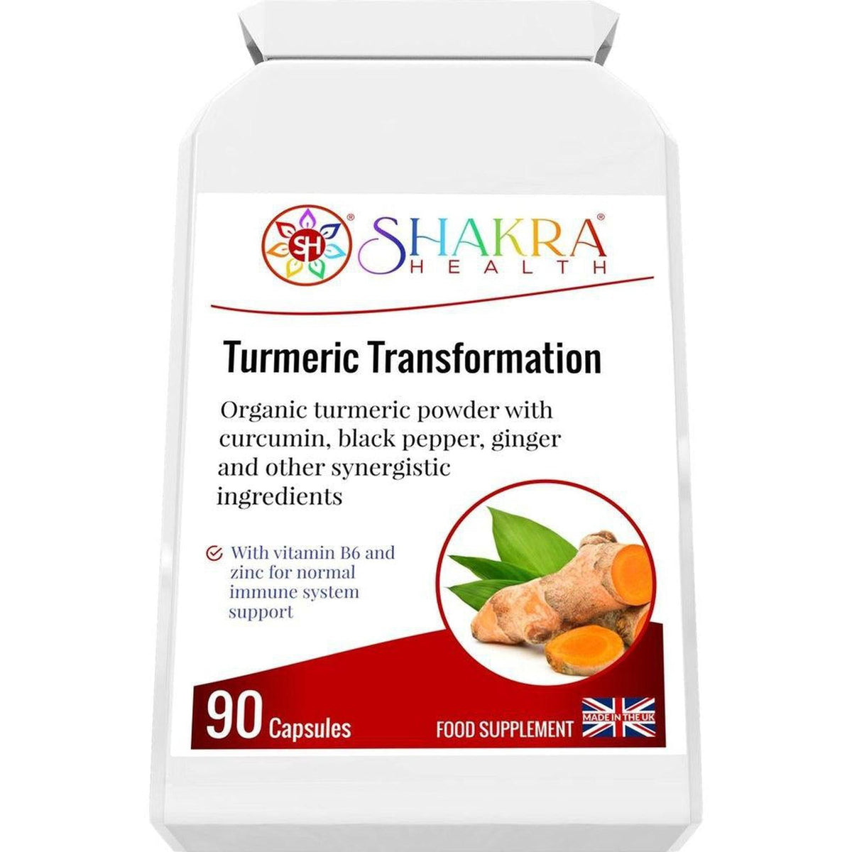 White bottle of Shakra Health Turmeric Transformation capsules with a label featuring fresh turmeric root and green leaves.