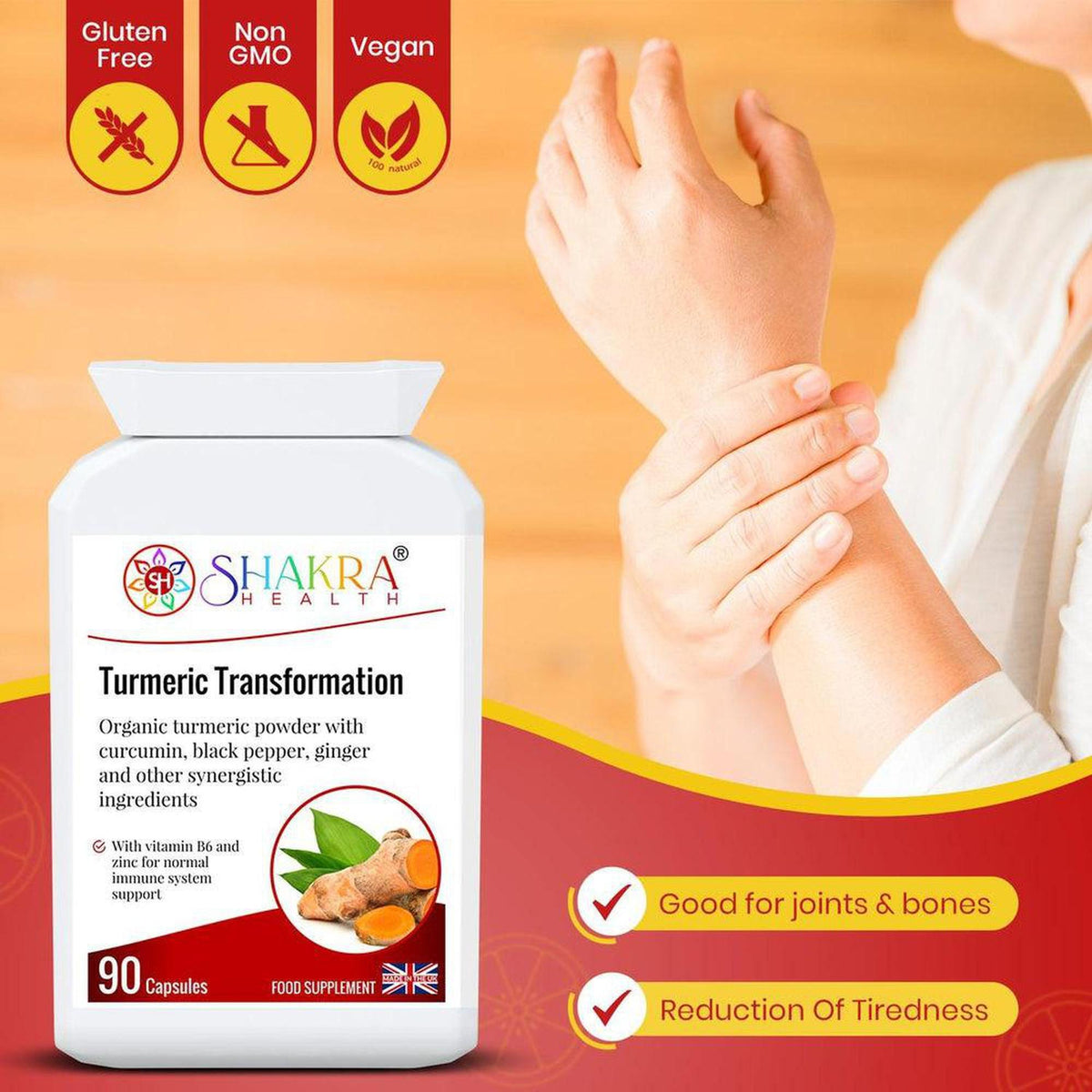 Shakra Health Turmeric Transformation supplement bottle with turmeric root imagery and health benefit icons.