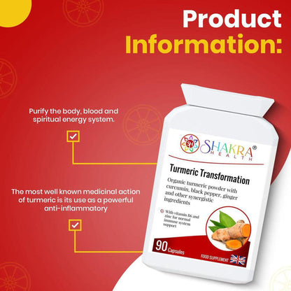 White bottle of Turmeric Transformation capsules with a label featuring ginger root and turmeric slices on a red background.