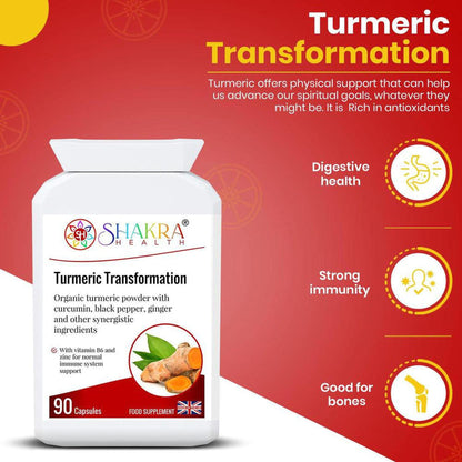 White bottle of Turmeric Transformation capsules with orange background, health icons, and turmeric root imagery.