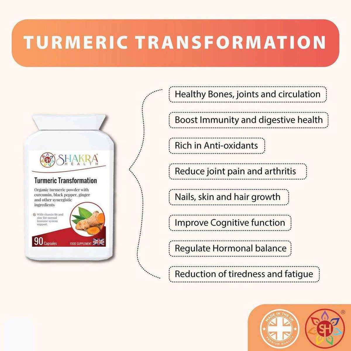 Turmeric Transformation supplement bottle with a list of health benefits on a cream background.
