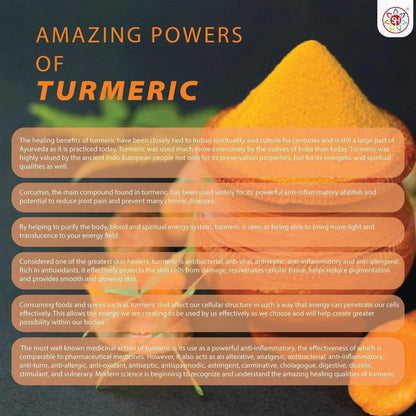 Turmeric Transformation infographic with orange text on a dark background featuring a vibrant golden turmeric root pile.