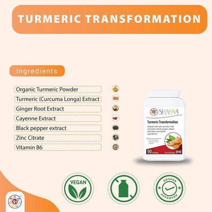 Turmeric Transformation supplement bottle with ingredient list, vegan and kosher icons on a light background.