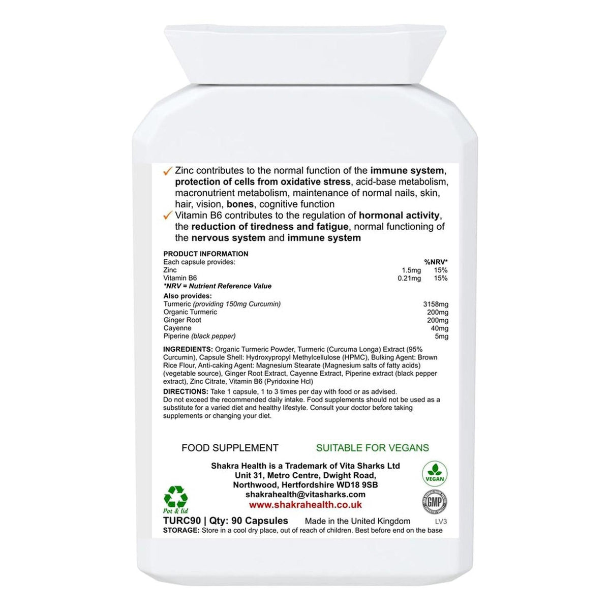 White plastic supplement bottle label with black text listing ingredients, directions, and health benefits.