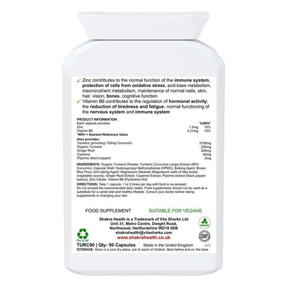 White plastic supplement bottle label with black text listing ingredients, directions, and health benefits.