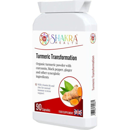 White bottle of Shakra Health Turmeric Transformation 90 capsules with a fresh turmeric root graphic on the label.