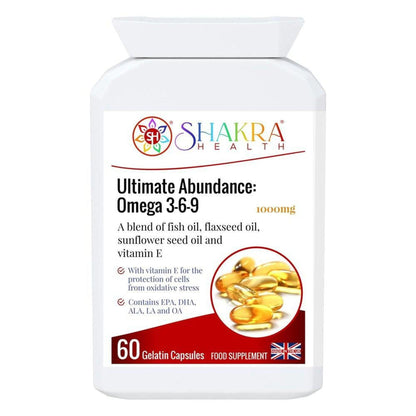 White bottle of Shakra Health Omega 3-6-9 1000mg capsules with a label featuring golden oil softgels and clear text.