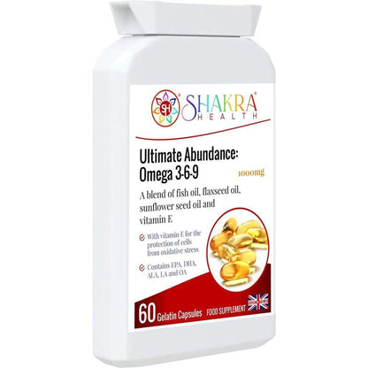 White bottle of Shakra Health Omega 3-6-9 1000mg supplement capsules with a label featuring golden oil softgels.