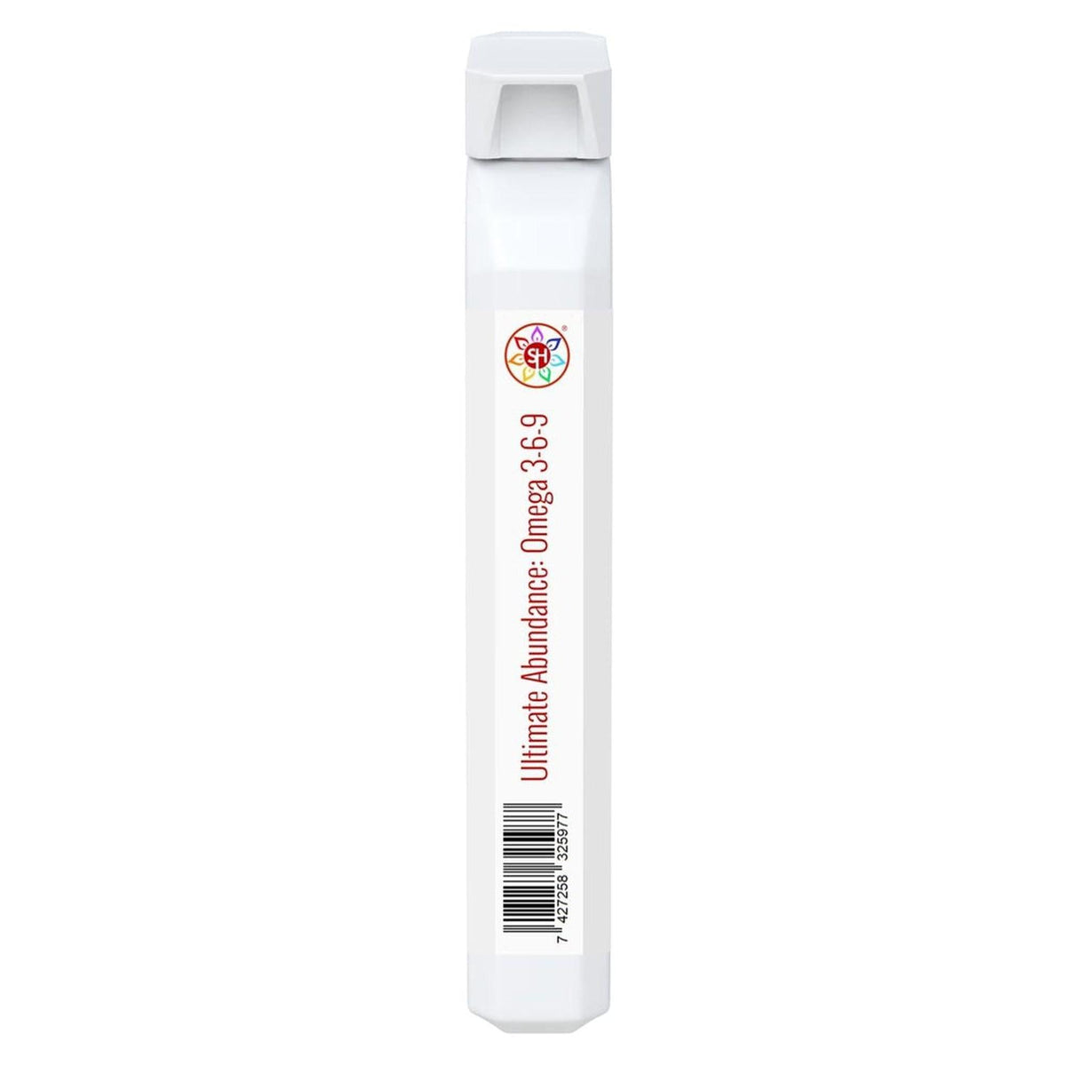 White rectangular supplement bottle labeled Ultimate Abundance Omega 3-6-9 with a colorful logo and barcode.