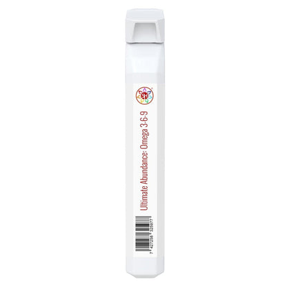 White rectangular supplement bottle labeled Ultimate Abundance Omega 3-6-9 with a colorful logo and barcode.