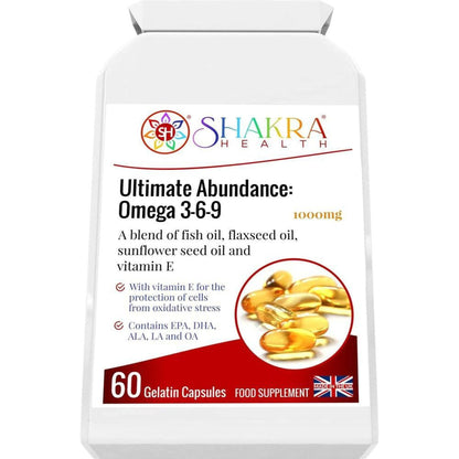 White bottle of Shakra Health Omega 3-6-9 capsules with a label featuring golden oil softgels and red accents.