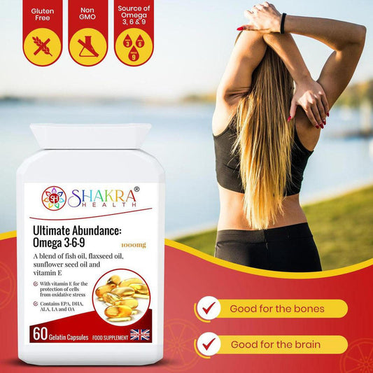 Shakra Health Omega 3-6-9 supplement bottle with 60 capsules, featuring health benefit icons and a woman stretching outdoors.
