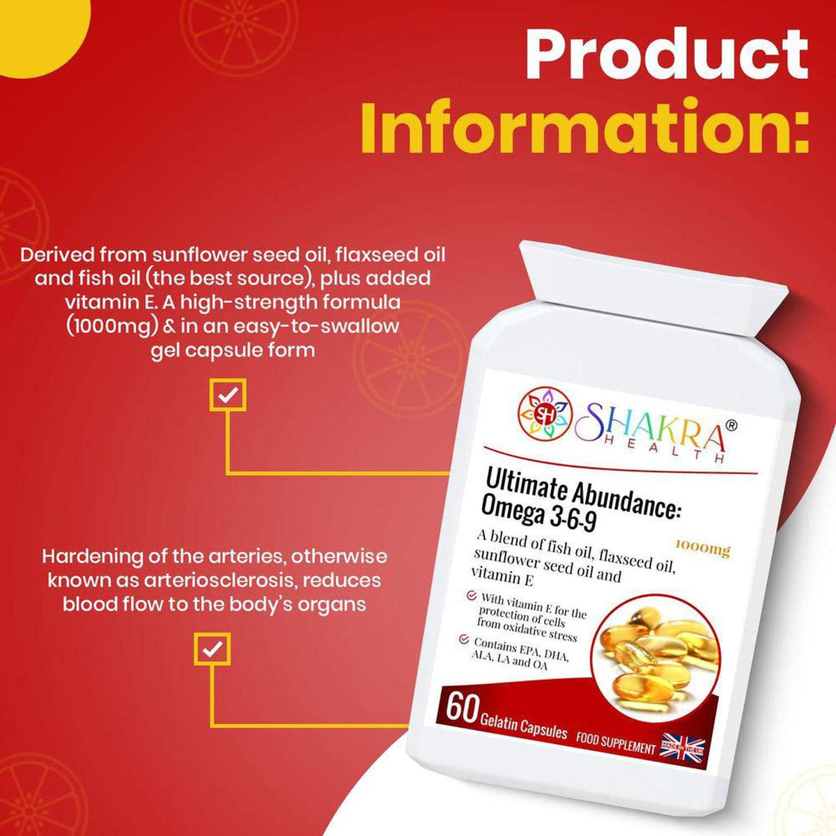 White bottle of Shakra Health Omega 3-6-9 1000mg capsules with informational text on a red background.
