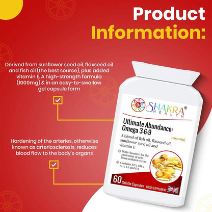 White bottle of Shakra Health Omega 3-6-9 1000mg capsules with informational text on a red background.