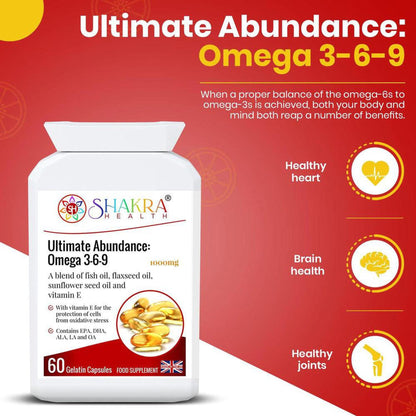 White bottle of Ultimate Abundance Omega 3-6-9 capsules with red and yellow branding, featuring heart, brain, and joint icons.