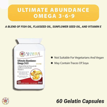 White bottle of Shakra Health Ultimate Abundance Omega 3-6-9 capsules with a label detailing ingredients and 60-count size.