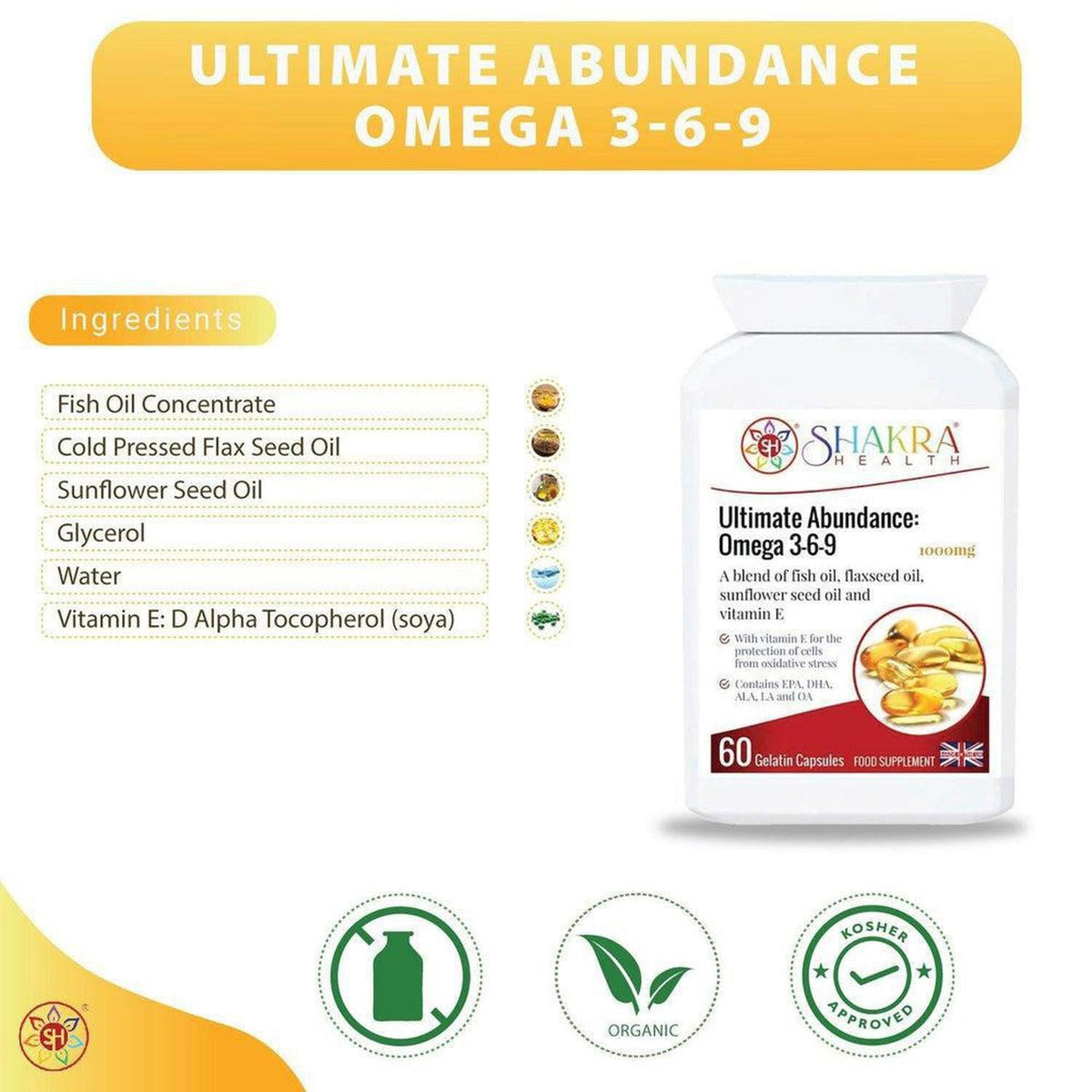 White bottle of Ultimate Abundance Omega 3-6-9 capsules with a list of ingredients and organic, kosher certification icons.