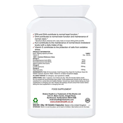 White plastic supplement bottle showing a detailed nutrition label with Omega 3-6-9 ingredients and usage instructions.