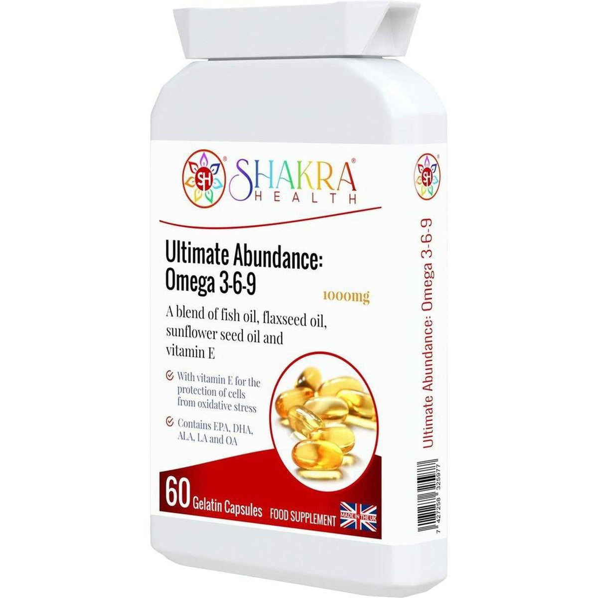 White bottle of Shakra Health Omega 3-6-9 1000mg capsules with a colorful logo and golden oil supplement imagery.