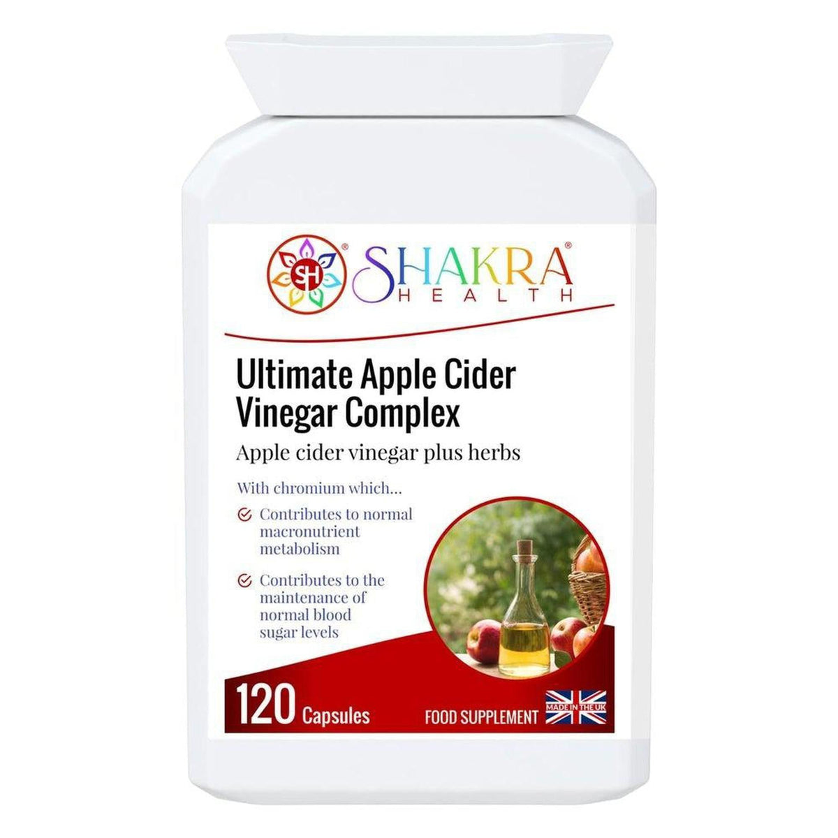 White bottle of Shakra Health Ultimate Apple Cider Vinegar Complex with 120 capsules and an apple orchard label design.