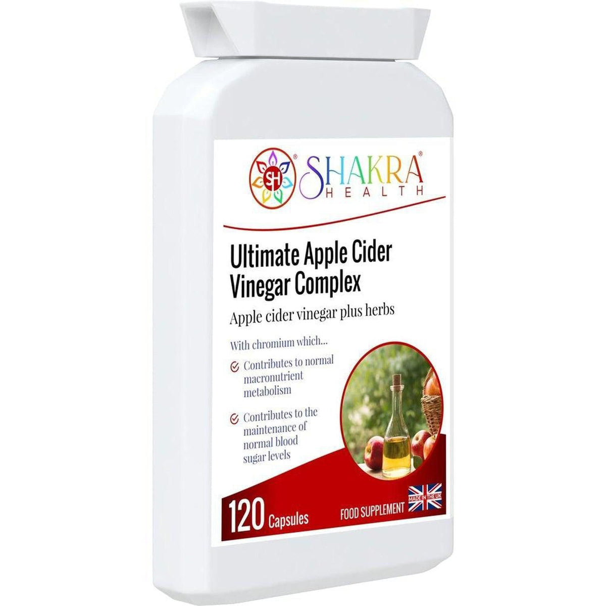 White bottle of Shakra Health Apple Cider Vinegar Complex capsules with a label featuring apples and a UK flag icon.