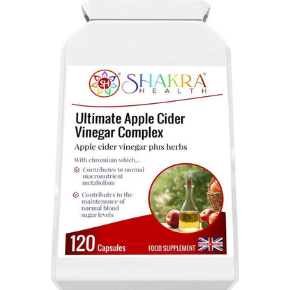White bottle of Shakra Health Apple Cider Vinegar Complex with 120 capsules and an apple cider vinegar graphic.