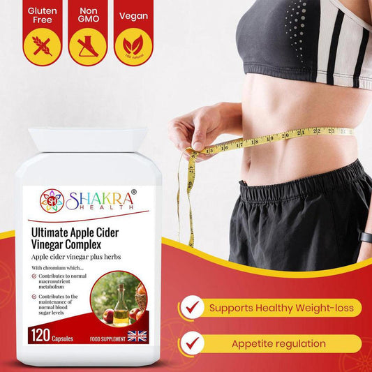 Shakra Health Apple Cider Vinegar Complex bottle next to a person measuring their waist with a yellow tape measure.