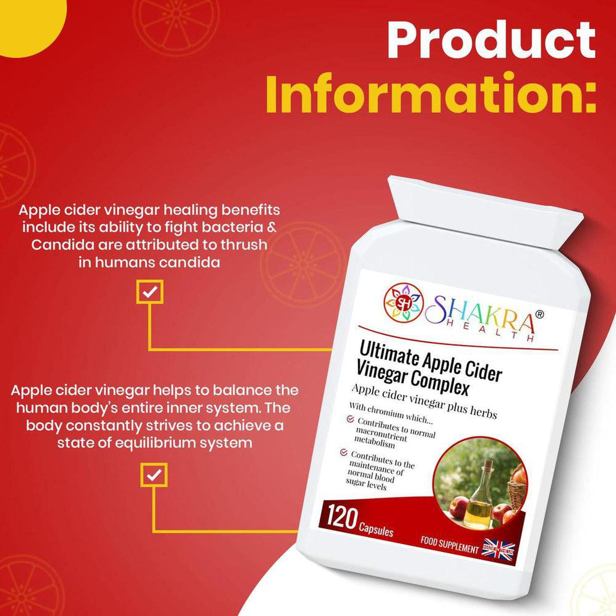 White bottle of Shakra Health Apple Cider Vinegar Complex capsules with text overlay on a red background.