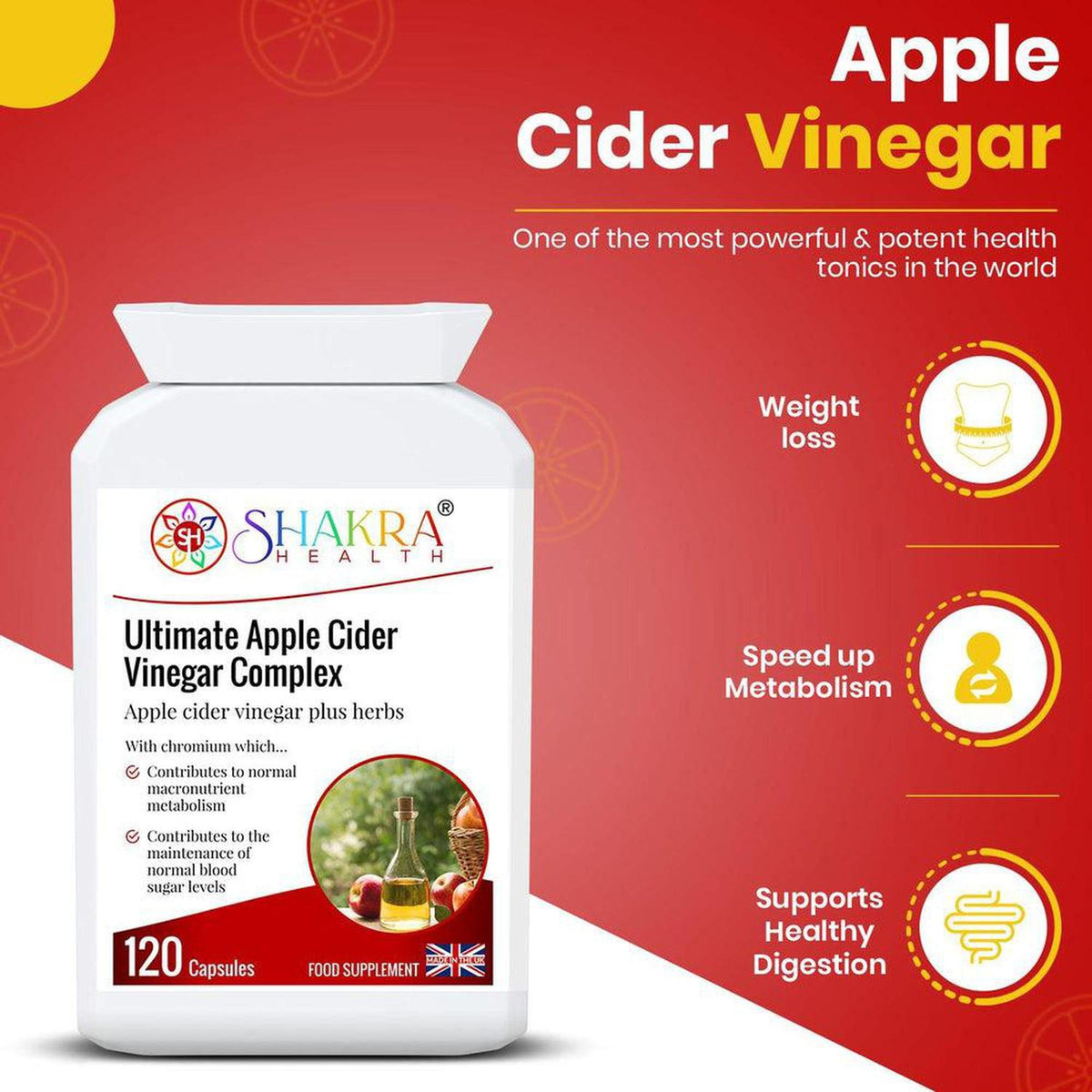 White bottle of Shakra Health Apple Cider Vinegar Complex capsules with red and yellow branding on a graphic background.