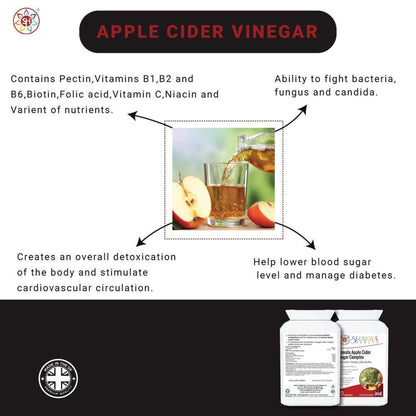Infographic showing apple cider vinegar benefits with a bottle of Shakra Health capsules and sliced apples.