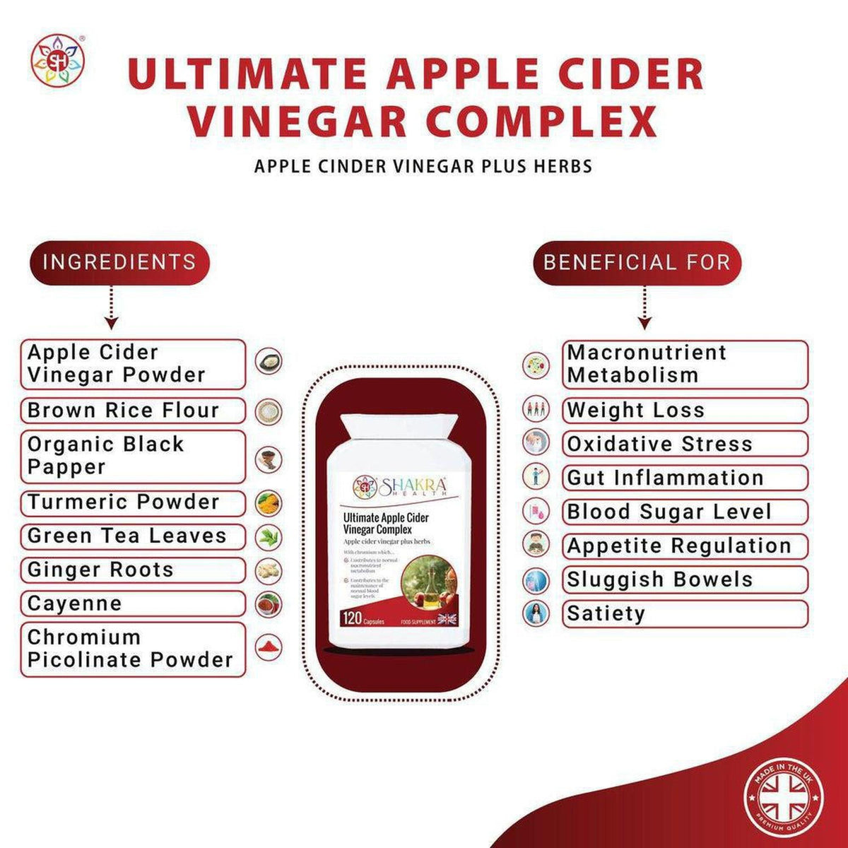 White supplement bottle of Ultimate Apple Cider Vinegar Complex with ingredient and benefit lists on a white background.