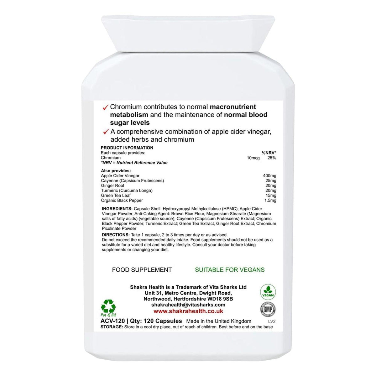 White plastic supplement bottle label showing ingredients, dosage, and vegan certification for Apple Cider Vinegar Complex.