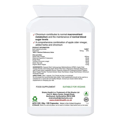 White plastic supplement bottle label showing ingredients, dosage, and vegan certification for Apple Cider Vinegar Complex.