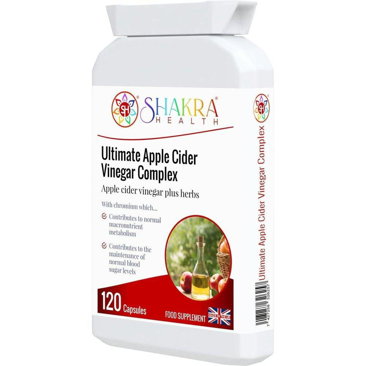 White plastic bottle of Shakra Health Ultimate Apple Cider Vinegar Complex capsules with a red apple label design.