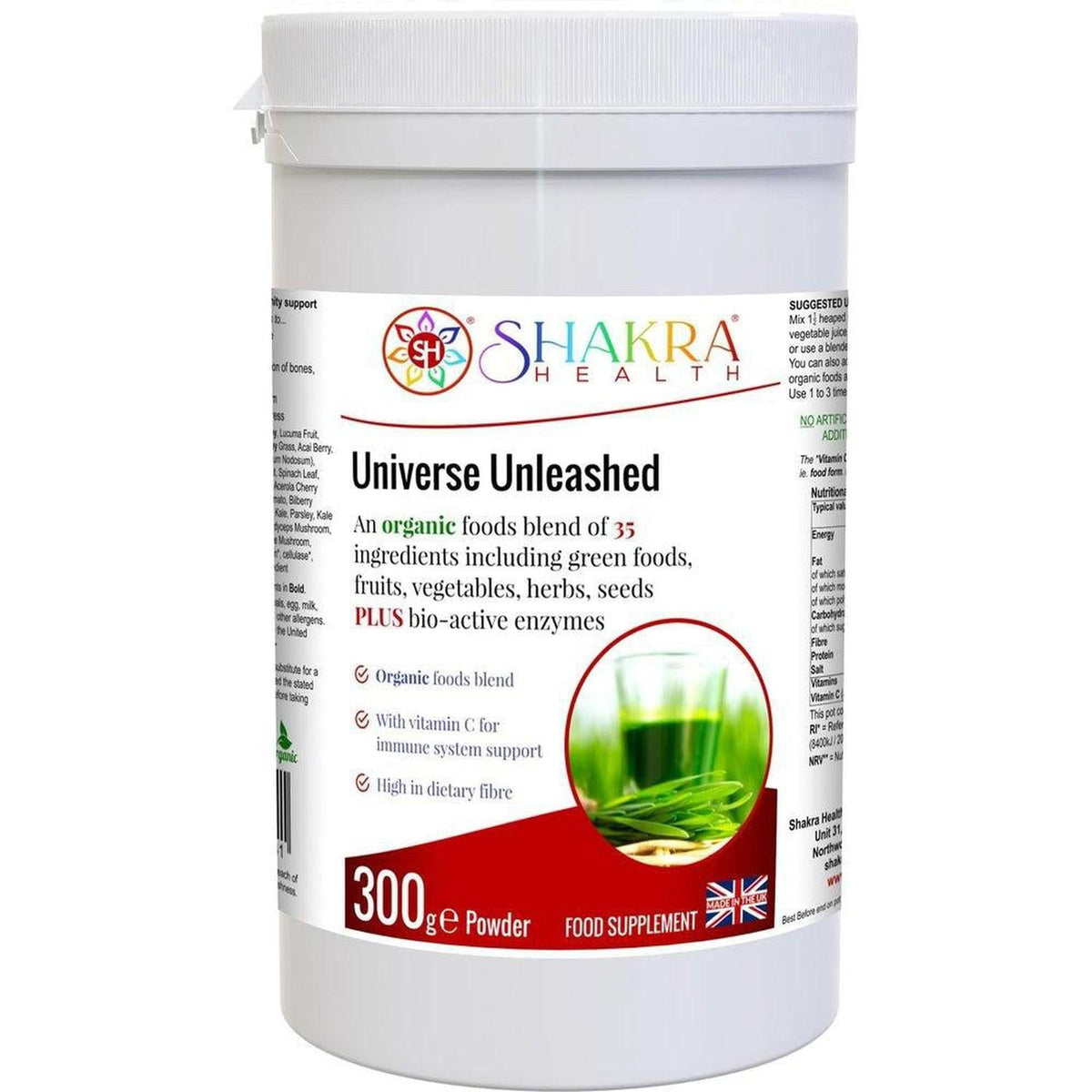 White 300g tub of Shakra Health Universe Unleashed organic superfood powder with green vegetable imagery.