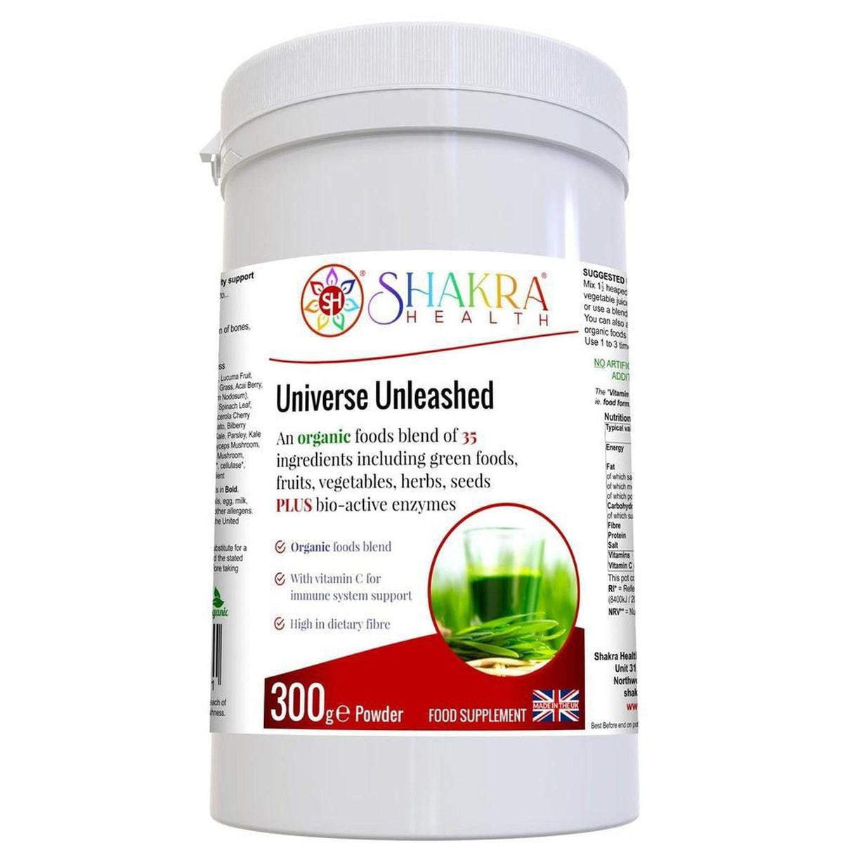 White 300g tub of Universe Unleashed organic superfood powder with Shakra Health branding and green botanical imagery.