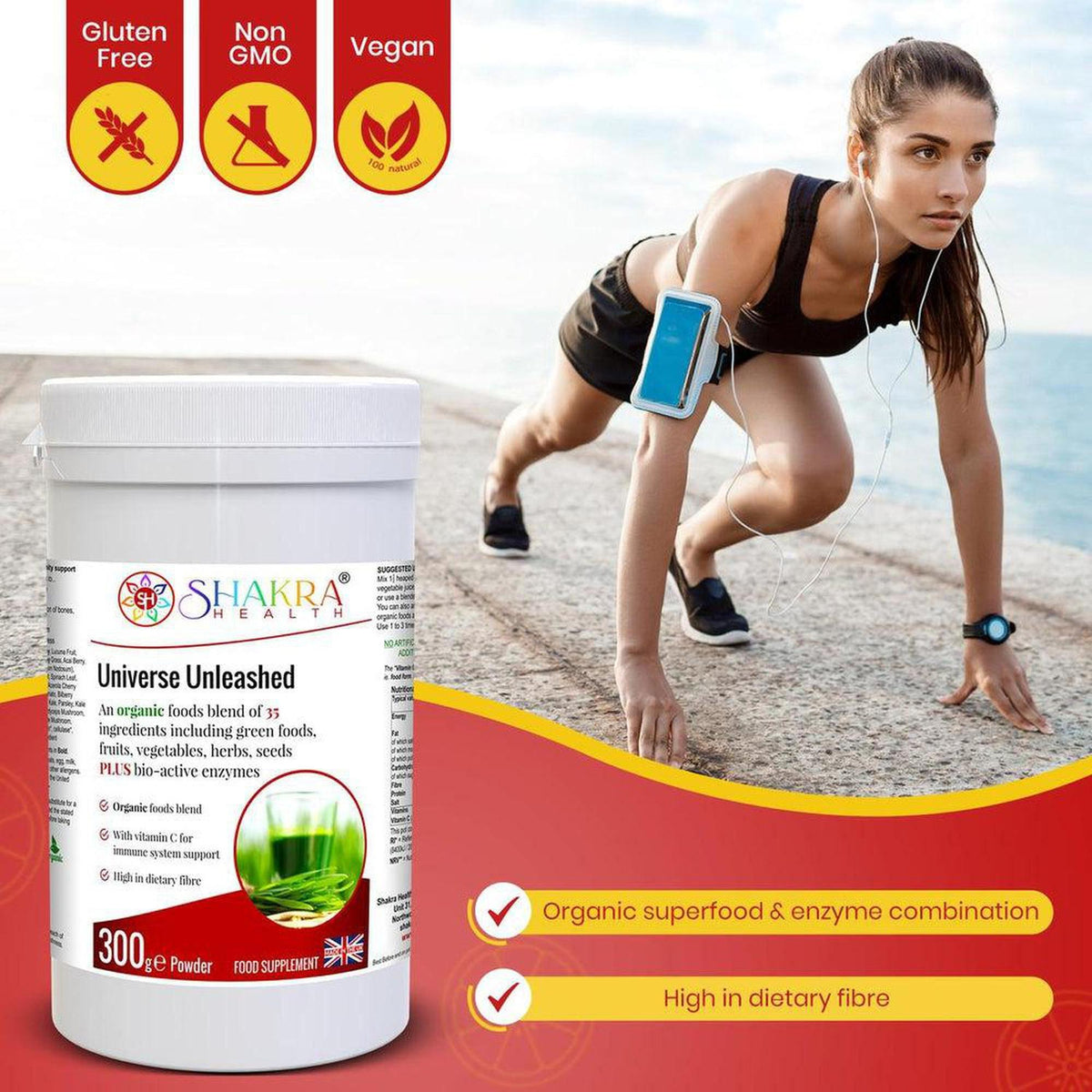 Universe Unleashed superfood powder tub next to an athletic woman exercising outdoors with dietary icons.