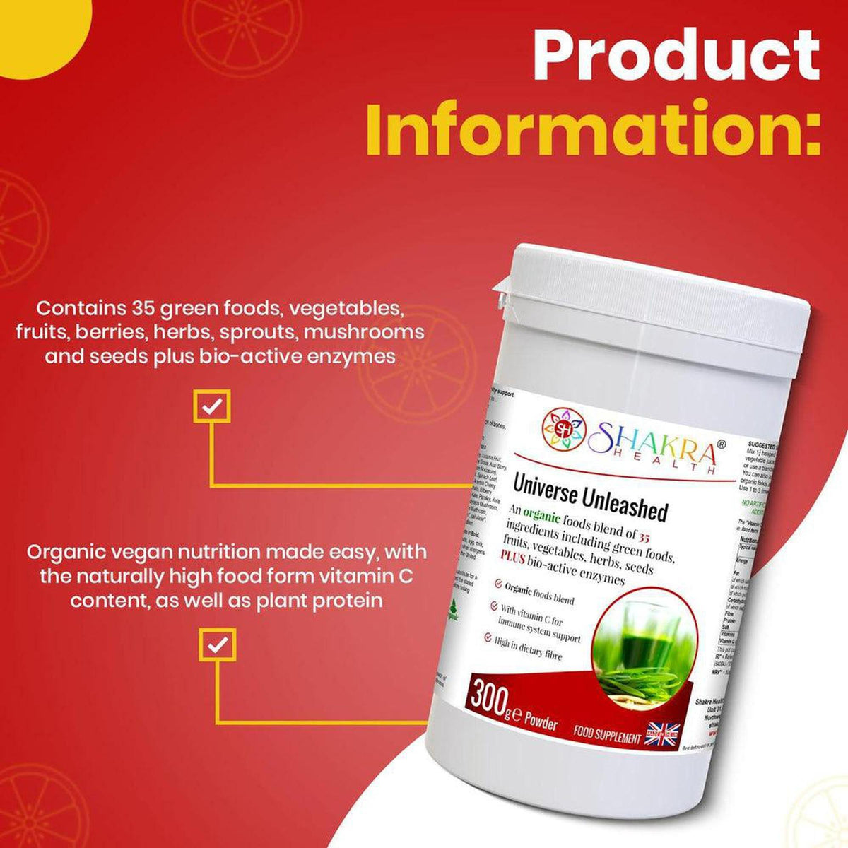 White 300g tub of Universe Unleashed organic superfood powder with red and white branding on a red background.